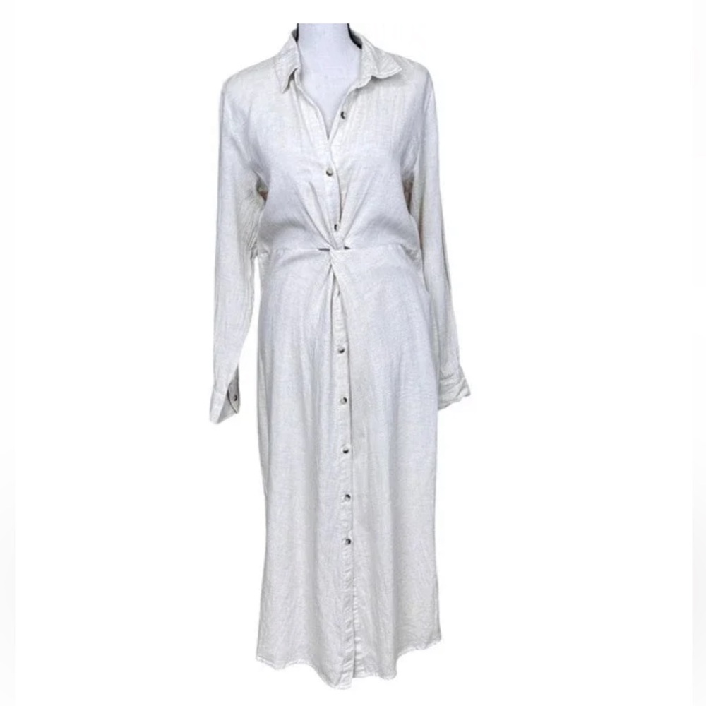 Sim & Sam - Beige Button-Front Long Sleeve Shirt Dress - Size: M